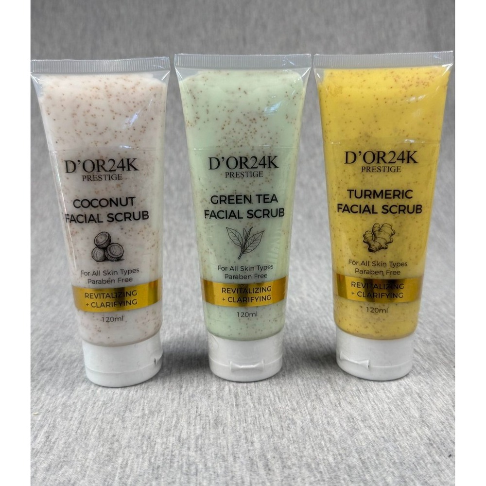 D'OR24K Prestige Facial Scrub Set Coconut Green Tea Turmeric 3 x 120ml New